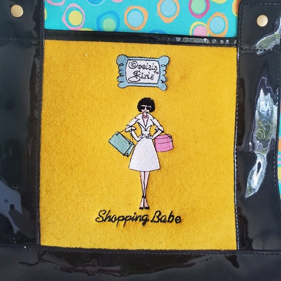 MAGGIE B Whimsy Shopping Girl Tote Bag Black Teal Yellow Polka Dots Canvas Charm - Picture 2 of 9